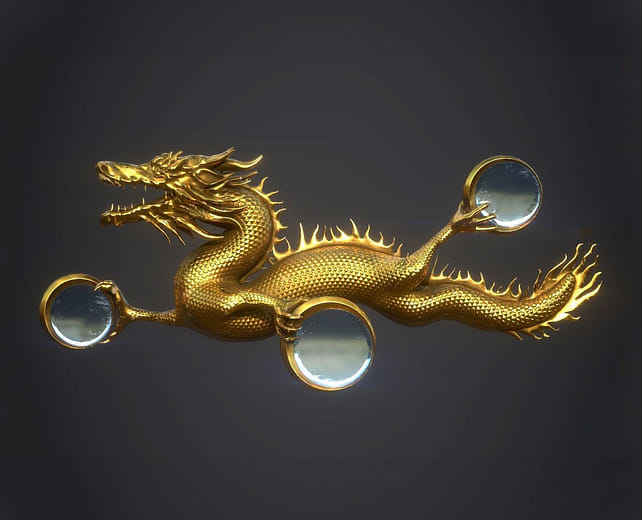 數位作品——金龍銀盤鏡 Digital Golden Dragon Silver Round Mirror