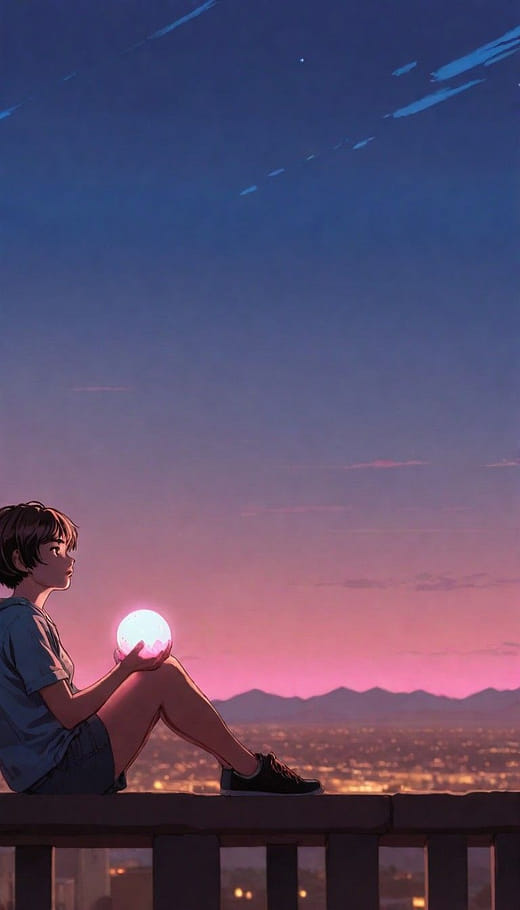 城市與夕陽下的她