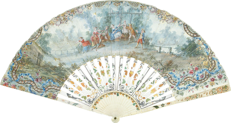 折扇，繪有庭園派對場景