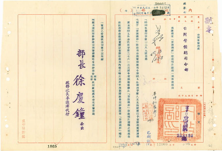 各家出版《苦酒滿杯》唱片查禁公文