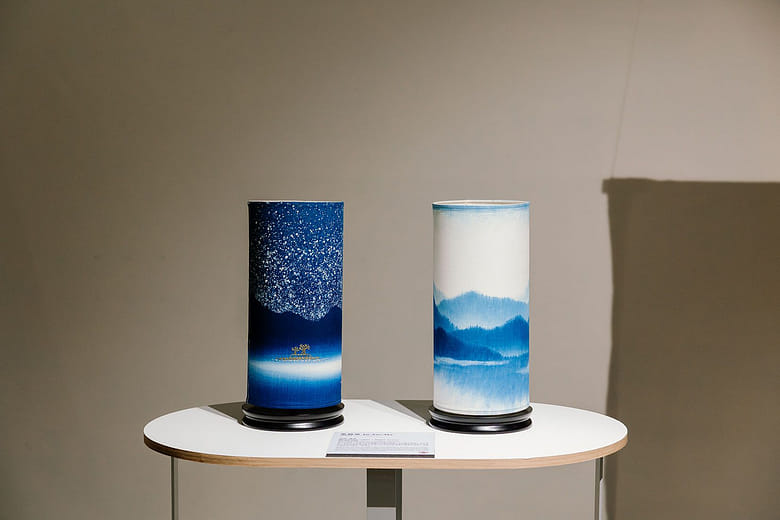 Linen, indigo dye, wooden lamp holder