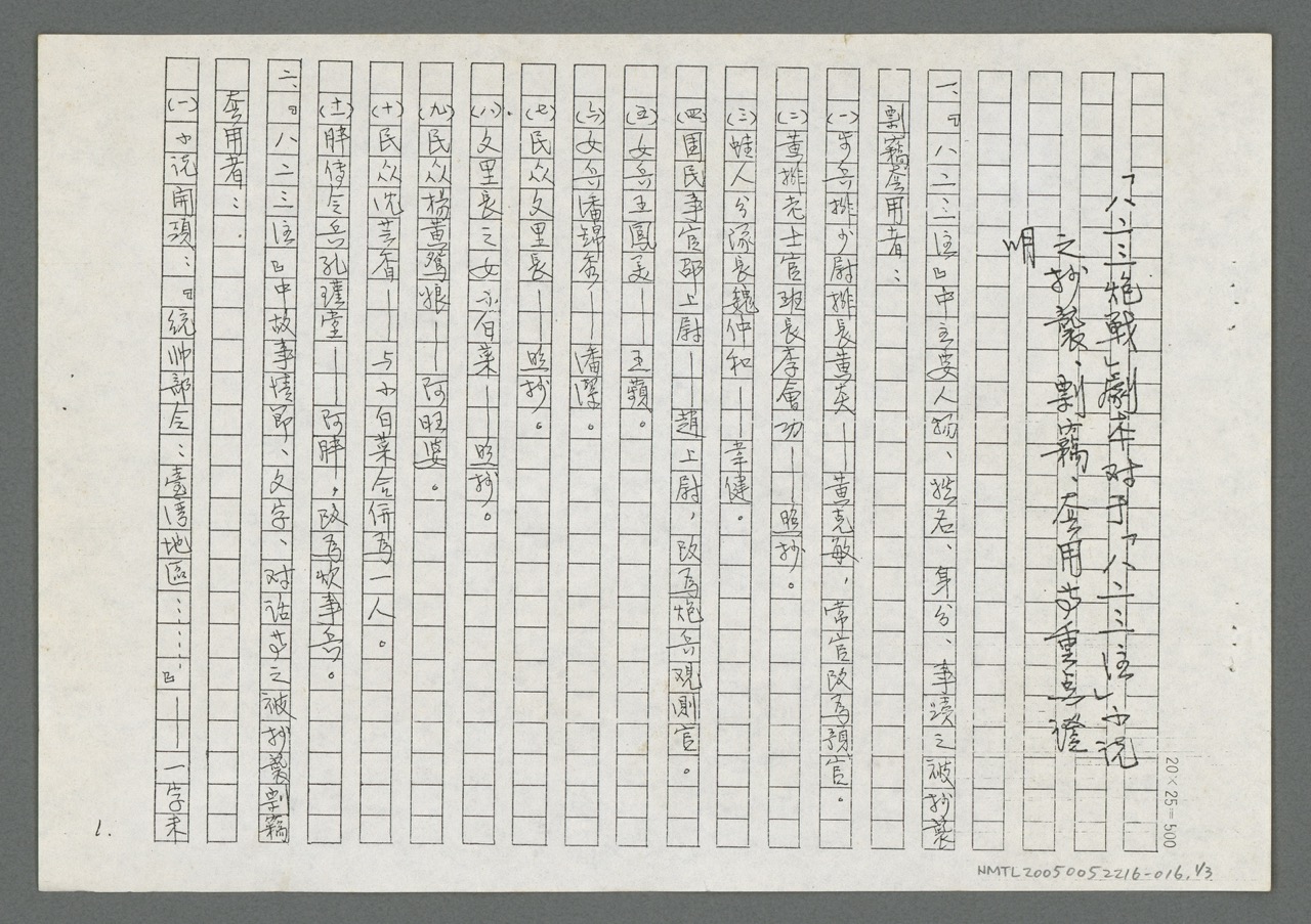 朱西甯「八二三炮戰劇本對八二三注小說之抄襲、剽竊、套用的重點證明」手稿（影本），寫作日期不詳