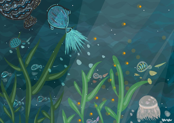 海底世界有悠遊魚和透明水母