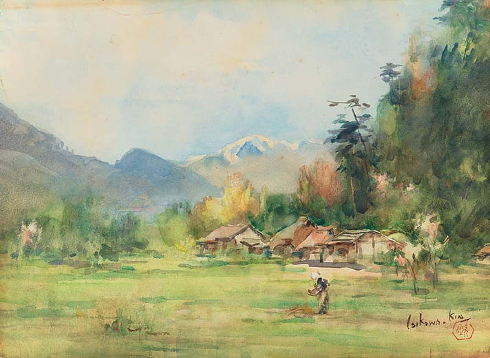 作者　細川進　肉筆油彩画　農村風景 作者 細川進 肉筆油彩画 農村風景